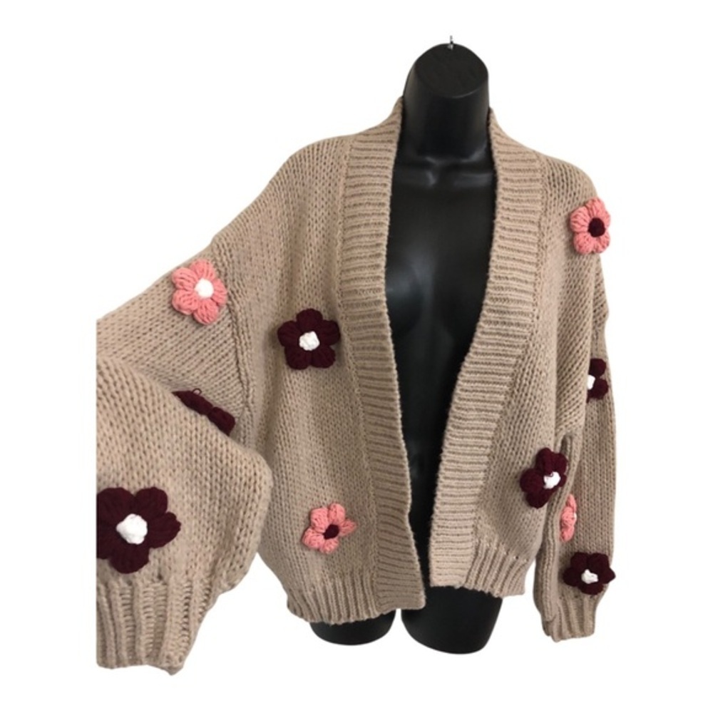 Crochet Tan pink & burgundy embroidered rosebud open front oversized cardigan